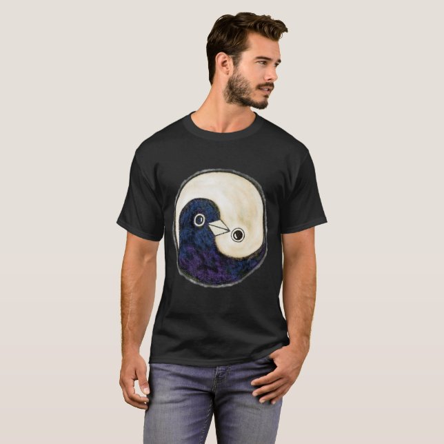 Camisa preta Yin Yang design, pombas de paz (Frente Completa)