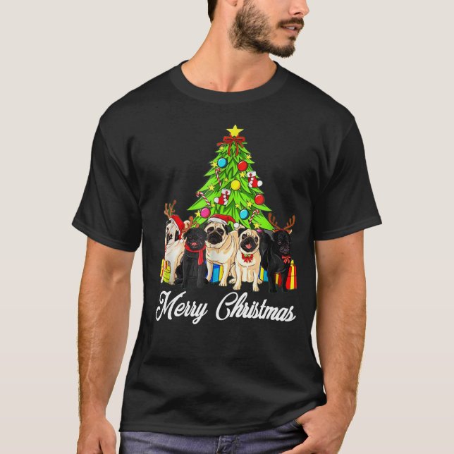 Camisa Pug Xmas Dando presente árvore de Natal fel (Frente)