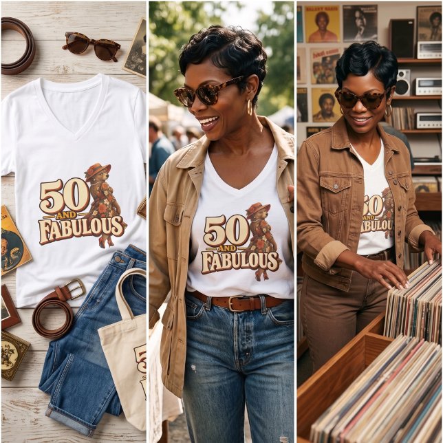 Camisa Retro 50 e Fabulosa com Decote em V e Urso (Criador carregado)