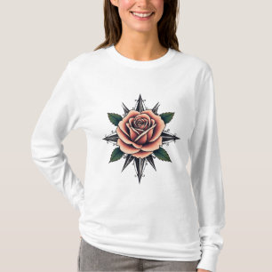 Camisa Rosa Estilo Tatuagem Bússola Desenho