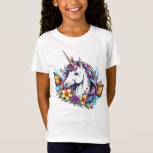 Camisa T - Belo Unicórnio com Borboleta, Flor