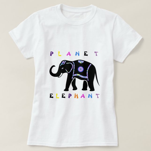 Camisa T de Elefante Colorida Planeta (Frente do Design)