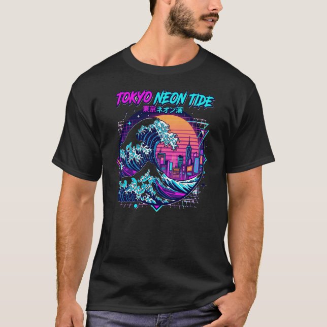 Camisa Tokyo Neon Tide Retro Synthwave Onda Gráfic (Frente)