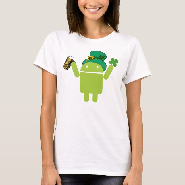 Camisa verde do Leprechaun do Android das senhoras (Frente)