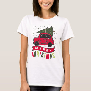 Camisa Vermelha Carro Feliz Natal Árvore Colorida