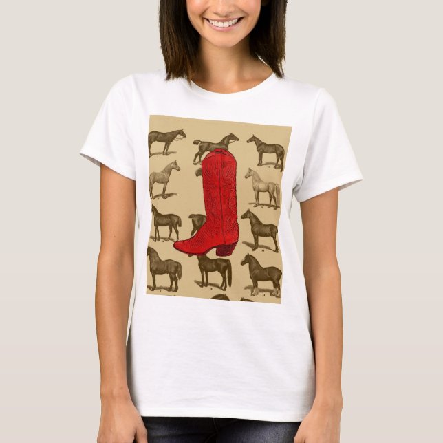 Camisa vermelha dos cavalos da bota de vaqueiro (Frente)