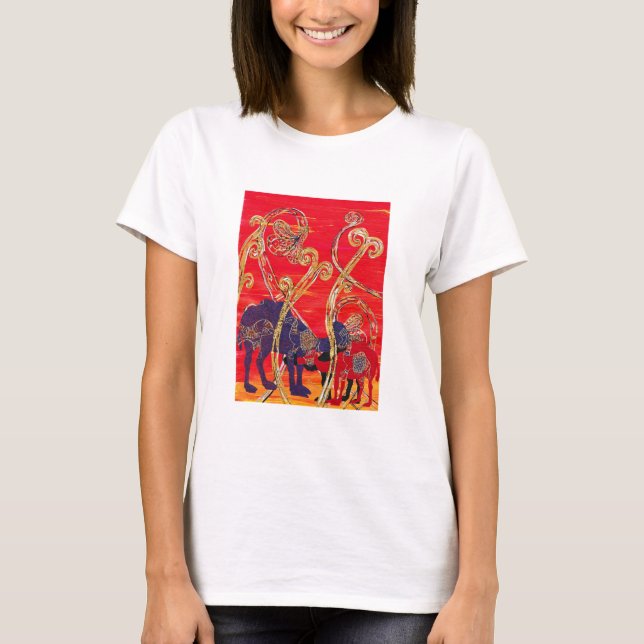 Camisa vermelha e azul dos camelos T (Frente)