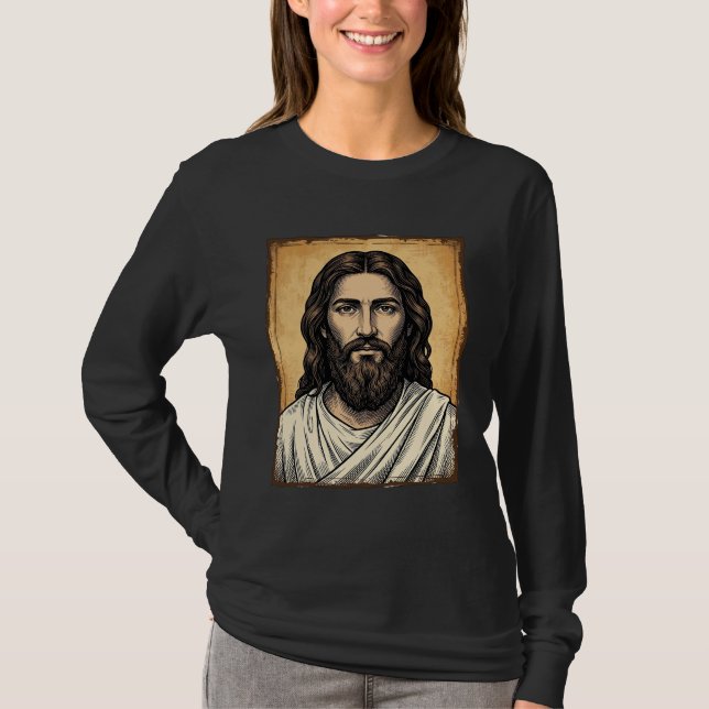Camisa Vintage com Desenho de Retrato Religioso Gr (Frente)
