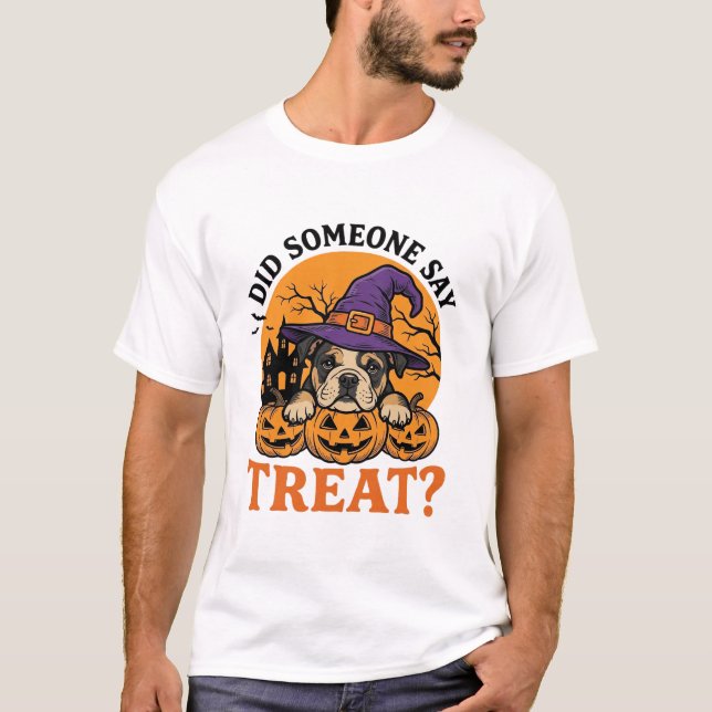 Camisa Vintage de Halloween Bulldog Witch Dog Trea (Frente)