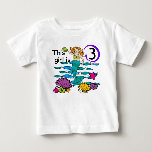 Camisas de aniversário de 3 anos de sereia e prese (Frente)