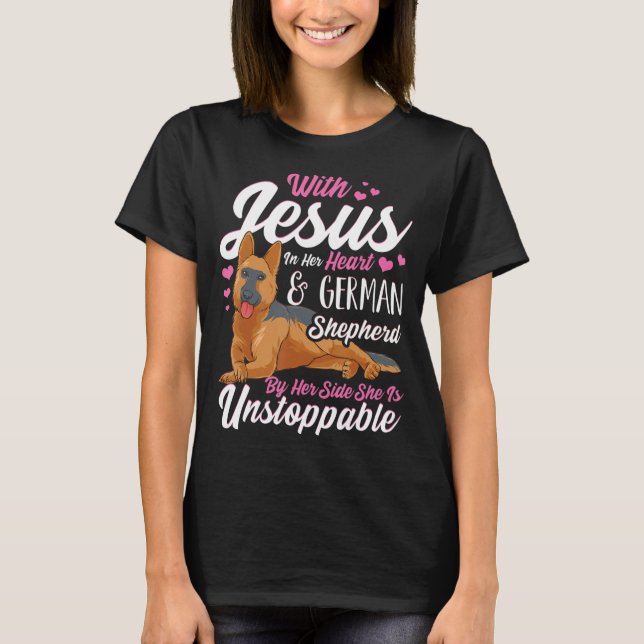 Camisas De german shepherd Para Mulheres Com Jesus (Frente)