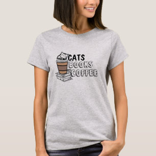 Camisas Gatos Livros Café - Camiseta Engraçada par