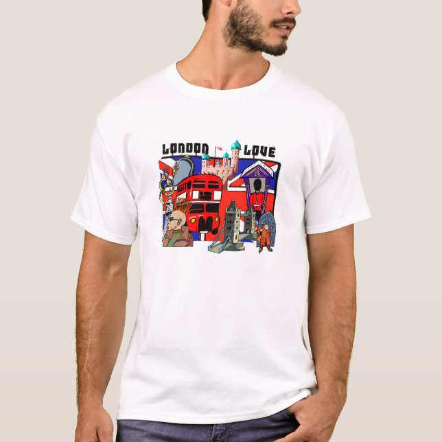 Camisas vermelhas de Union Jack do ônibus do amor (Frente)