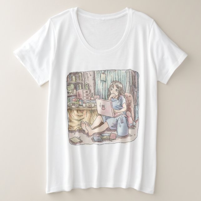 CAMISETA さなさむじ　カーテンと炬燵のあるお部屋で素足で座ってノートパソコンを眺める女性のイラスト (Frente do Design)