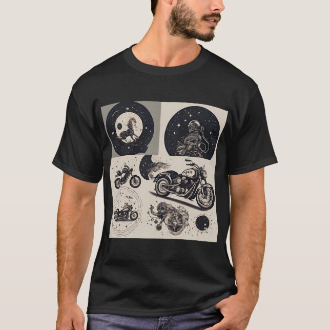CAMISETA オートバイと星座の図オリジナルTシャツ (Frente)