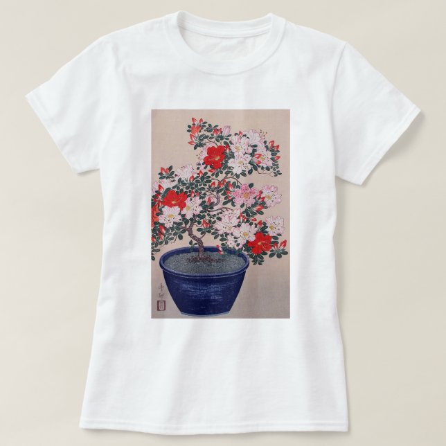 Camiseta ツツジの盆栽, azálea dos bonsais do 小原古邨, Ohara Koson, (Frente do Design)