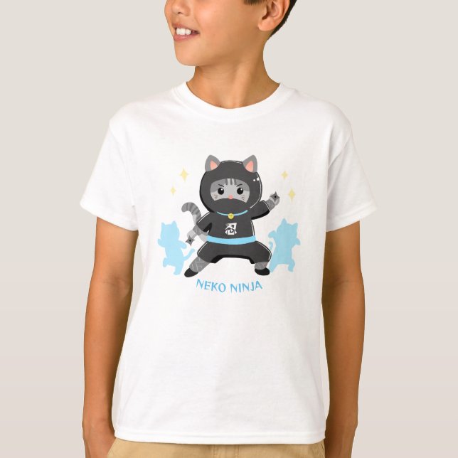 Camiseta 可愛い猫忍者 日本 ブルー Cat Ninja from Japan Blue (Frente)