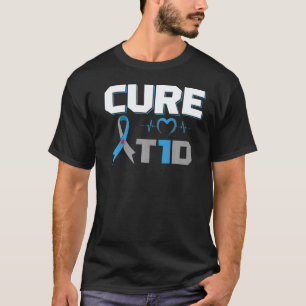 Camiseta 0 Cure T1d Cinza Azul Gota de Sangue Laço Diabetes