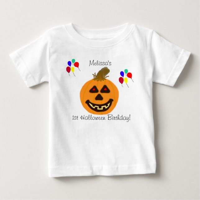 Camiseta 1º Aniversário no Halloween Balões de Abóbora Nome (Frente)