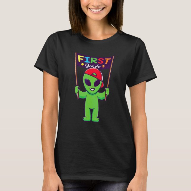 Camiseta 1º ano Alienígena Fofo Segurando Quadro de Volta à (Frente)