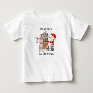 Camiseta 1º Natal do Bebê Papai Noel e Rena com Trenó