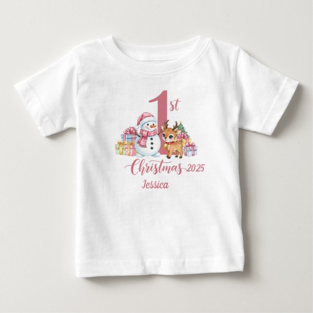 Camiseta 1º Natal rosa personalizável (Frente)