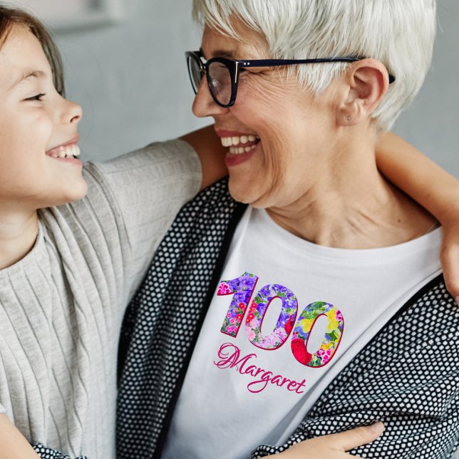 Camiseta 100ª Flores Florais de Festa de aniversário Modern (Criador carregado)