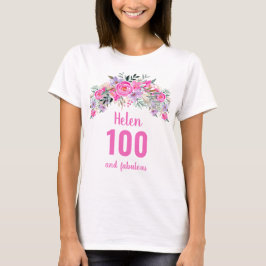Camiseta 100.º aniversário do nome floral rosa