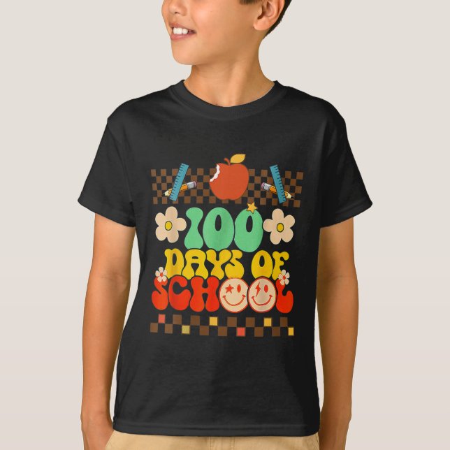 Camiseta 100.º Dia De Professores Crianças Retro Groovy 100 (Frente)