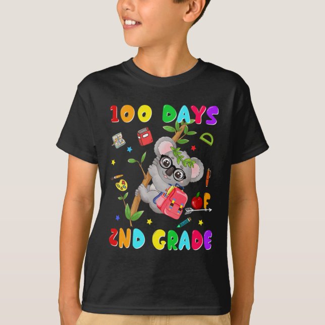 Camiseta 100.º Dia do segundo Escolar Grau Koala Feliz 100  (Frente)