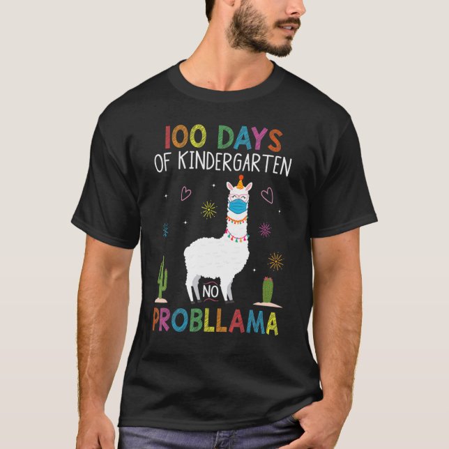 Camiseta 100 Days Of Kindergarten No Probllama Llama Mask Q (Frente)
