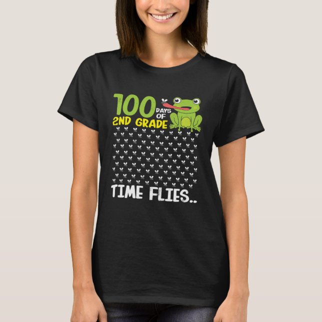 Camiseta 100 Days of School 2nd Grade Frog Time Flies Boys  (Frente)
