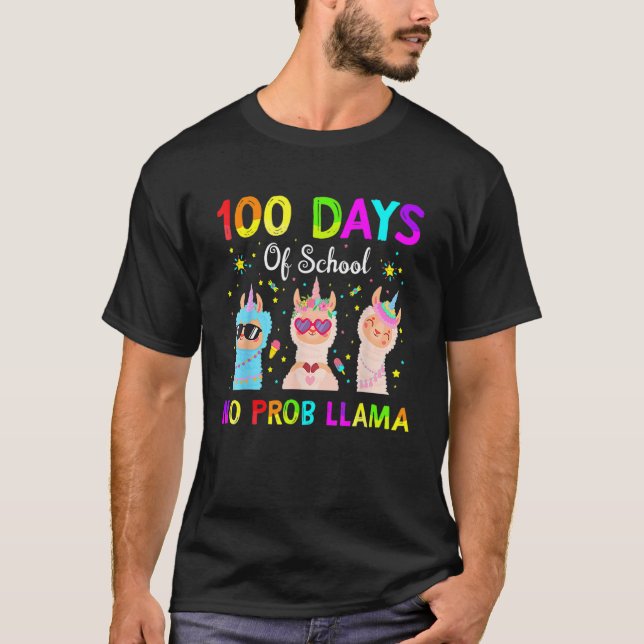 Camiseta 100 Days Of School No Probllama Llama Happy 100th  (Frente)