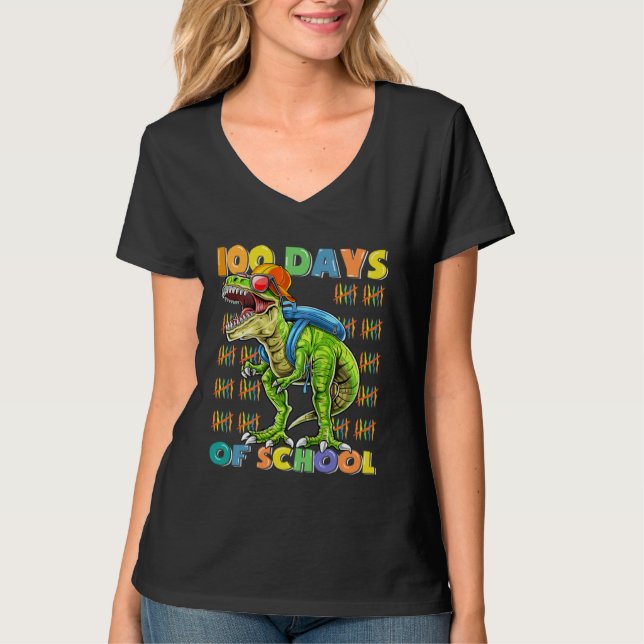 Camiseta 100 Days Of School  rex 100 Days Smarter 100th Day (Frente)