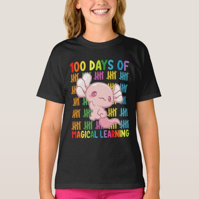 Camiseta 100 Dias Da Escola Axolotl De Aprendizagem Mágica (Frente)