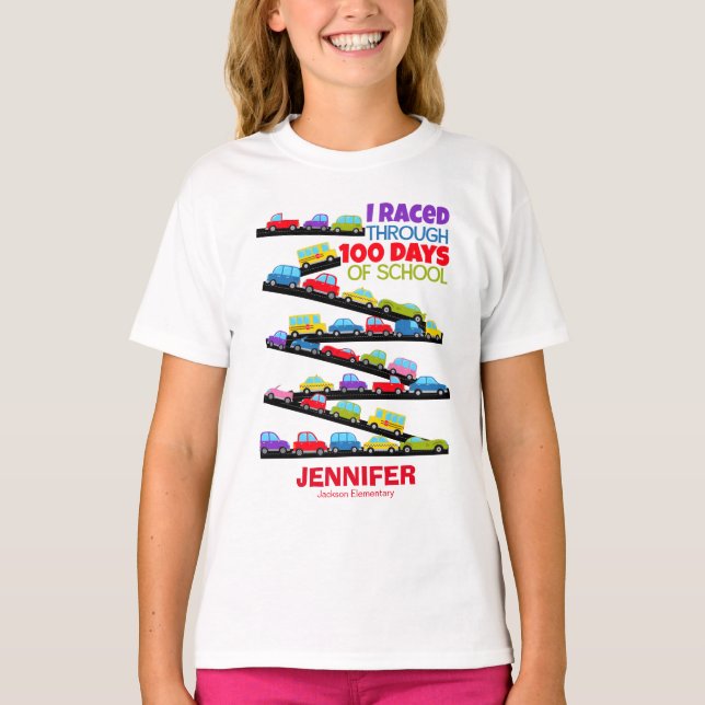 Camiseta 100 dias de carros engraçados na escola (Frente)