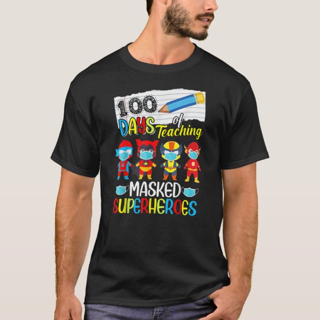 Camiseta 100 Dias de Ensino Máscaras Super-Heróis engraçado (Frente)