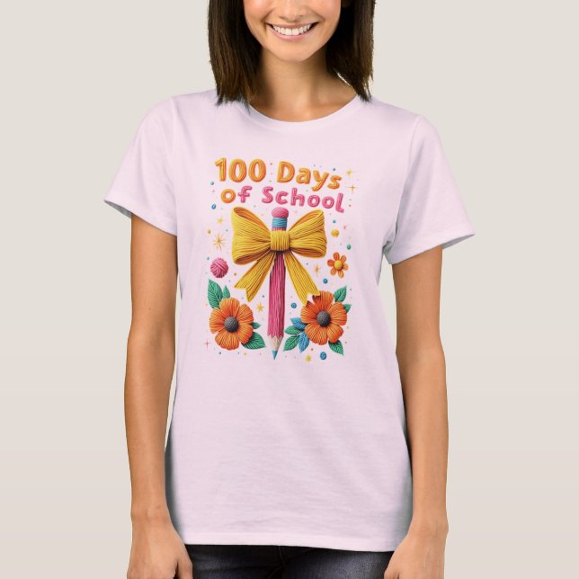 Camiseta 100 Dias de Escola - Design Floral de Lápis (Frente)