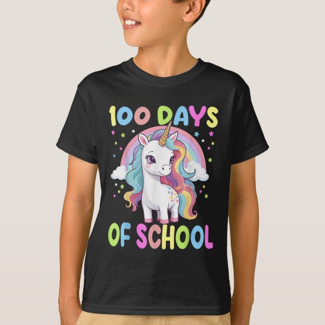Camiseta 100 Dias De Escola Professora Do Unicórnio Rainbow (Frente)
