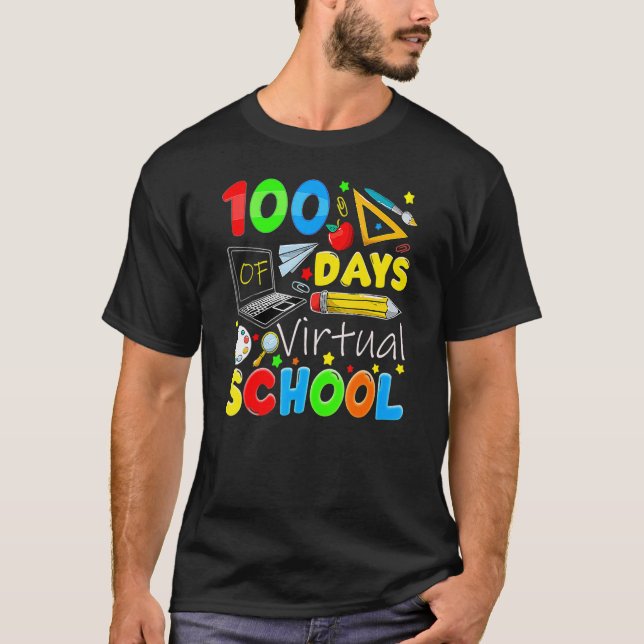 Camiseta 100 Dias De Escola Virtual Engraçado 100º Dia De E (Frente)