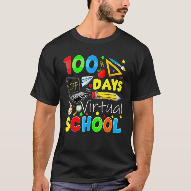 Camiseta 100 Dias De Escola Virtual Engraçado 100º Dia De E (Frente)