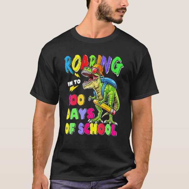 Camiseta 100 Dias De Meninos Escolares Dinossauro 100º Dia (Frente)