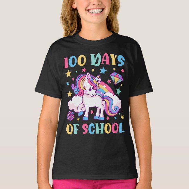 Camiseta 100 dias de professora de Unicórnio da escola (Frente)