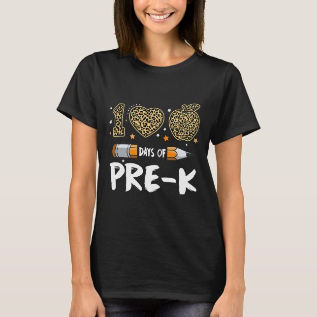 Camiseta 100 Dias De Professora Pré-K Aluno Leopard Feliz 1 (Frente)