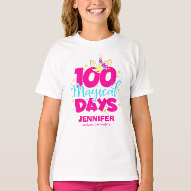 Camiseta 100 dias mágicos lindos Unicórnio 100 dias de esco (Frente)