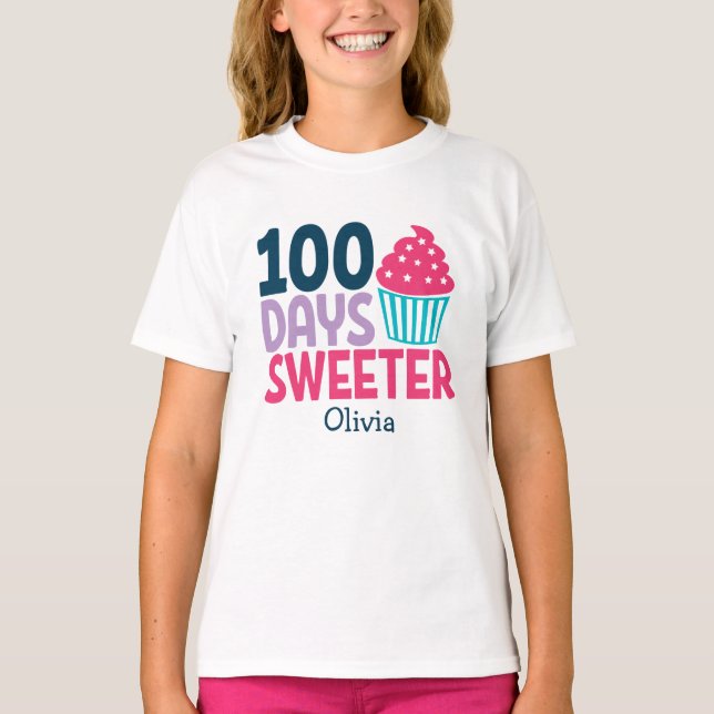 Camiseta 100 dias mais doce| Cupcake Cute Personalizado (Frente)