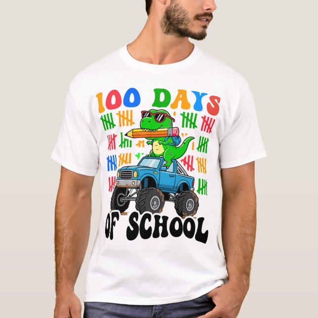 Camiseta 100th Day of School Monster Truck Dinosaur Fun (Frente)