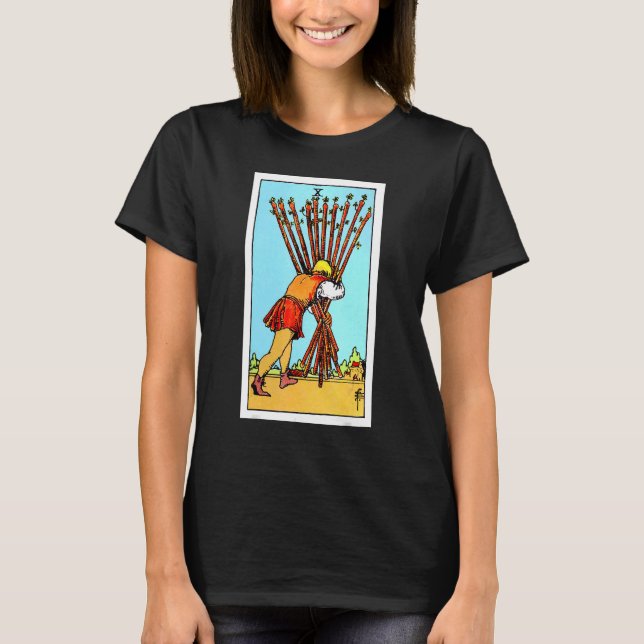 Camiseta 10 Das Wands Vintage Tarot Card Rider Convés Waite (Frente)