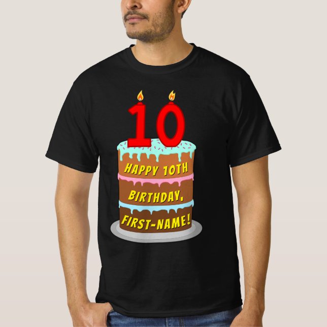 Camiseta 10.o aniversário — Bolo e Velas Divertidas, com no (Frente)