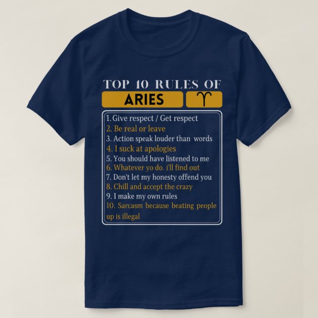 Camiseta 10 Principais Regras De Aries Horoscópio Fatos Zod (Frente do Design)
